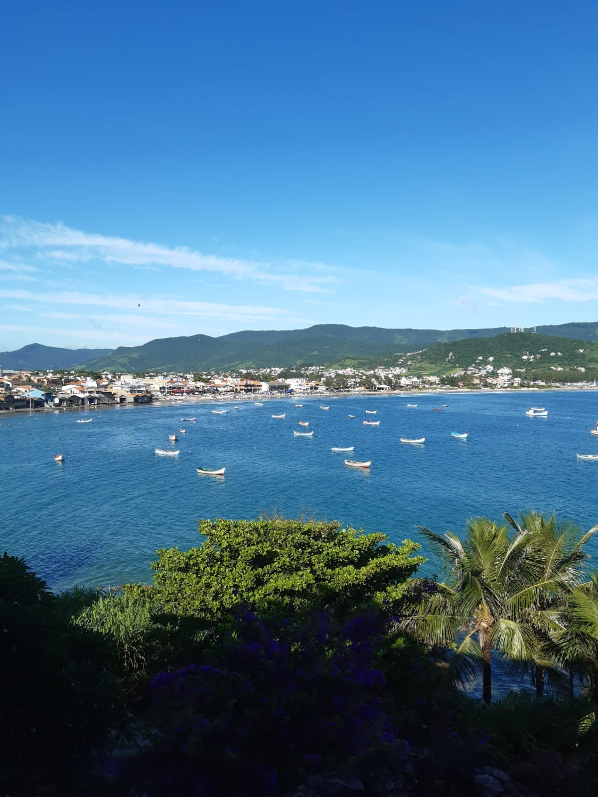 Vista da baía de Garopaba com os barcos de pesca e a vila ao fundo