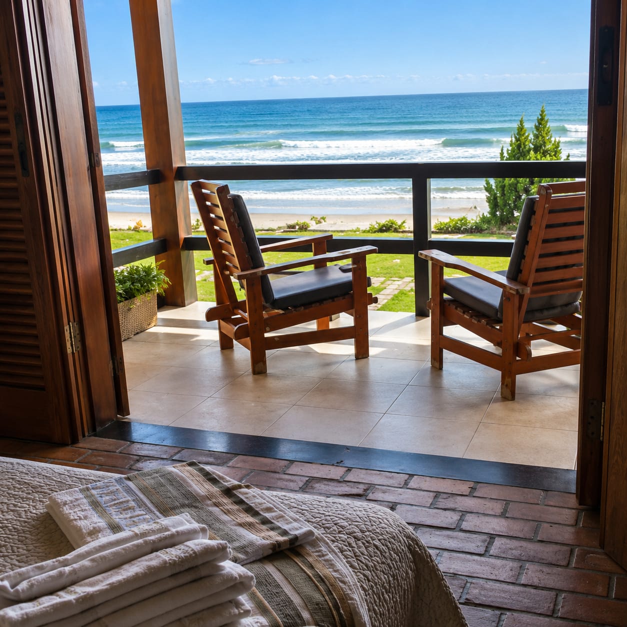 Casa Frente ao Mar Morrinho — varanda do quarto com poltronas